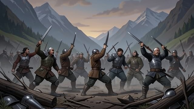 The Mountain Camp Battle from "Nevertheless". Cooperation Under Fire An Attack Interrupts Debate Balthasar’s soldiers attack the mountain gathering before its members decide whether to help Navon.