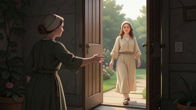 A Hand Toward the Garden from "The Woman in the Window". Moving Together Bina Leads, Anna Chooses Bina opens the garden door and urges Anna to step outside.