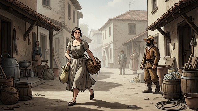 Life on Alms from "Pedro Páramo". A Poor Woman at the Edge Seeking Food Dorotea lives on charity and carries a bundle she imagines to be her baby.