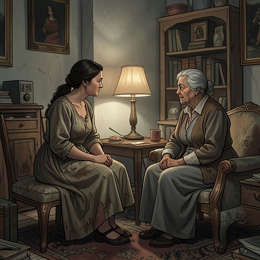 Susana and Justina from "Pedro Páramo". This flow follows Justina Díaz’s lifelong care for Susana, a relationship of loyalty and dependence that persists through Susana’s isolation and death.