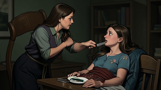 A Knife at the Cellar from "Mothering Sunday". A Knife at the Cellar The threat becomes immediate Miss Frost cuts Sunday’s cheek and says she intends to make her cry before killing her.