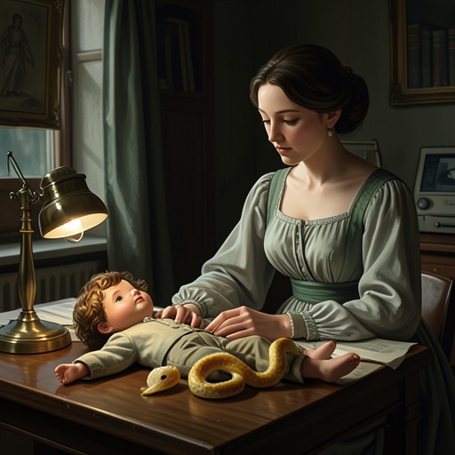 Objects as Maternal Doubles from "The Lost Daughter". Mina, Elena’s doll, and the fruit-peel snake connect childhood play to maternal care, resentment, and Leda’s uncertain return to family life.