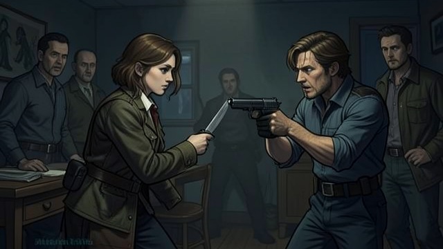 The Captor Faces His Captives from "The Cage". Control Changes Hands A Threat Outside the Cage Ken returns and attempts to control the officers by holding Eve at knifepoint.