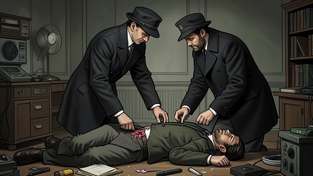 At the Crime Scene from "The Cage". Two Detectives at the Scene A Shared Reading Eve Strong studies Louise Usher’s body while Bill Nicol asks about identification and notices the missing…