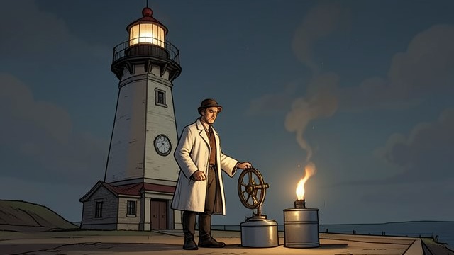 The Lighthouse Mechanism from "The Reincarnationist Papers". The Lighthouse Mechanism A working light Clovis shows Evan the lamp, oil reservoir, lens, and clockwork that keep the lighthouse beacon moving.