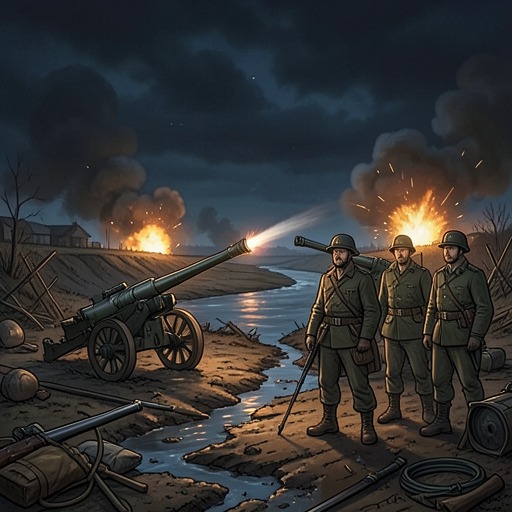 The 1918 Artillery Battle from "The Reincarnationist Papers". Vasili’s night at the Cherna River transforms a defensive supply detail into a chaotic battle whose commander disappears into legend.