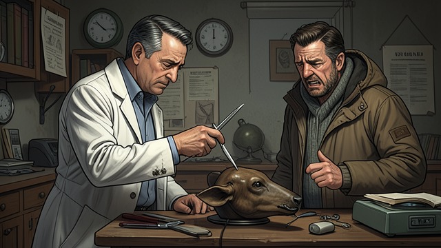 The Autopsy Demonstration from "Never Cry Wolf". The Autopsy Demonstration A Failed Explanation Mowat displays surgical instruments and a textbook image while trying to explain animal autopsies.