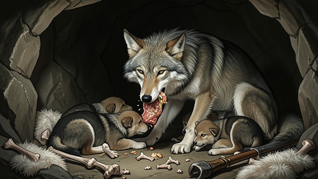 A Meal Carried Home from "Never Cry Wolf". A Meal Carried Home A Puzzling Return The adult wolves return from hunting without visible prey and go straight into the den.
