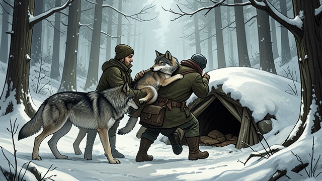 Adoption Across Dens from "Never Cry Wolf". Adoption Across Dens Orphaned Pups Ootek recounts a case in which a wolf mother is killed and another family accepts her pups.