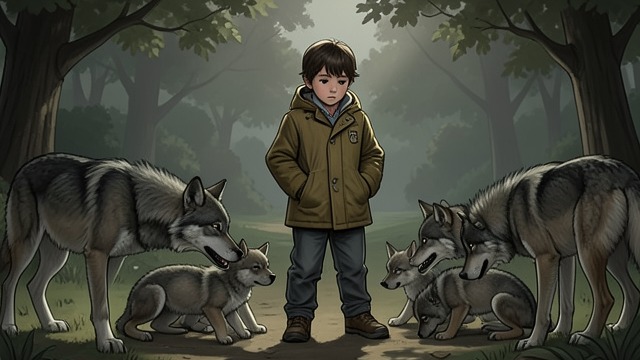 A Child at the Den from "Never Cry Wolf". A Child at the Den An Unusual Childhood Ootek recounts being taken to a wolf den as a young child and left among the pups.