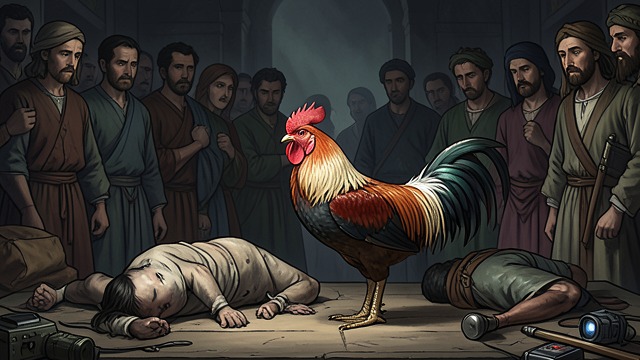 The Cockfight’s Aftermath from "Cry Macho". The Cockfight’s Aftermath A victory turned ugly Mike watches spectators praise a living rooster beside its dead opponent.