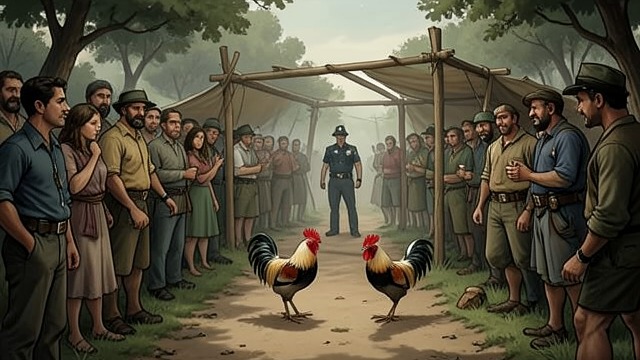 The Cockfight Raid from "Cry Macho". The Cockfight Raid Police close in Officers raid the illegal cockfight where Mike has found Rafo.