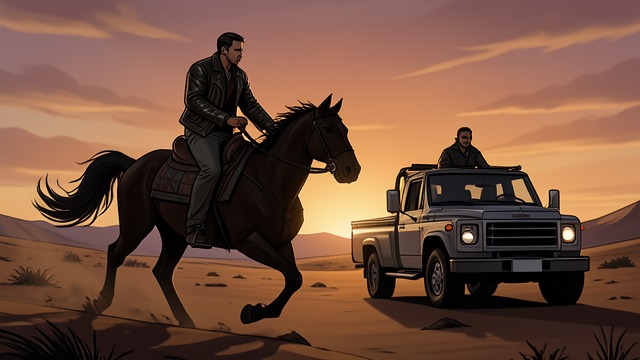 A First Shared Victory from "Cry Macho". A First Shared Victory Courage in motion Rafo drives the truck while Mike mounts a wild horse.