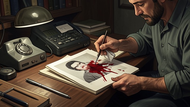 Blood on the Photograph from "Cry Macho". Blood on the Photograph An image nearly lost Mike’s papers fall from his coat, and blood covers the snapshot that began the journey.
