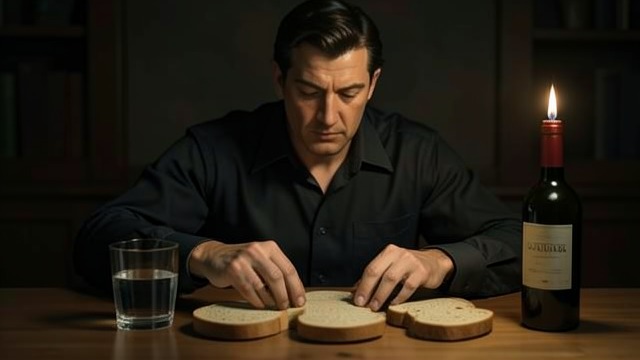 A Meal Made Symmetrical from "Motherless Brooklyn". A Meal Made Symmetrical Ritual against grief Lionel cuts his sandwich into six equal pieces and arranges food, drink, and candle on a table.