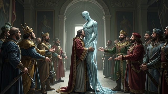 Royal Presentation from "The Moon and the Sun". A Living Prize Arrival At Le Havre, Yves presents a living sea person to Louis XIV. The court sees a marvelous possession and proof of royal power.