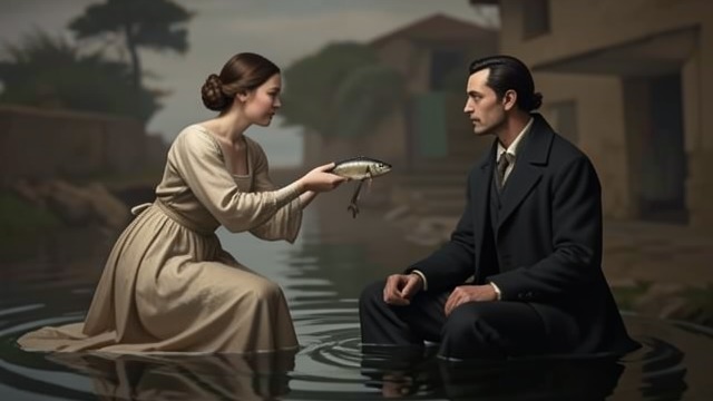 The First Offering from "The Moon and the Sun". Food as an Invitation A cautious approach Marie-Josèphe offers a live fish to the hidden sea woman.