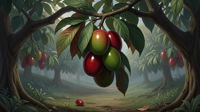 The First Abnormal Crops from "The Colour Out of Space". The Land Changes Abundance Without Use The orchard produces unusually large, glossy fruit, but every crop tastes bitter and sickening.