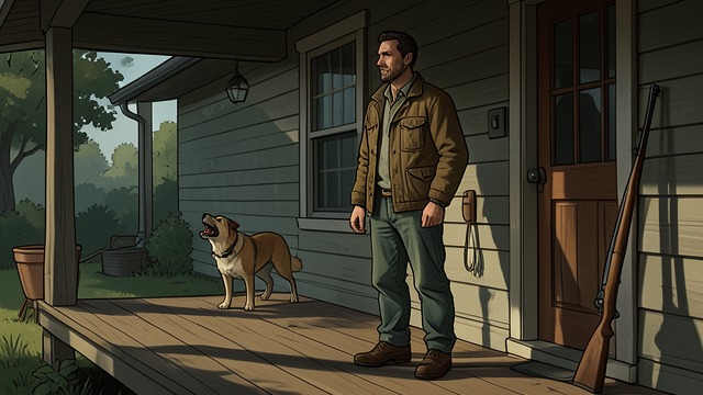 An Armed Relationship from "The Colour Out of Space". Fear Turns into Defence Dogs and Weapons Akeley protects the farmhouse with dogs and a rifle as attacks and signs of intrusion multiply.