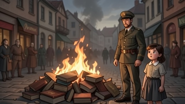 The Forbidden Books from "The Knife of Never Letting Go". The Forbidden Books Knowledge restricted Mayor Prentiss burns books and ends formal lessons, while Ben’s attempt to teach Todd reading is punished.