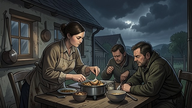 Shelter with Hildy from "The Knife of Never Letting Go". Shelter with Hildy A cautious welcome Hildy invites Todd and Viola to eat and sleep at her farm.