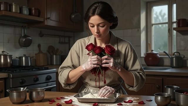 Roses in the Sauce from "Like Water for Chocolate". A Gift Reworked Bloodied Flowers Pedro’s roses wound Tita as she presses them against her body.