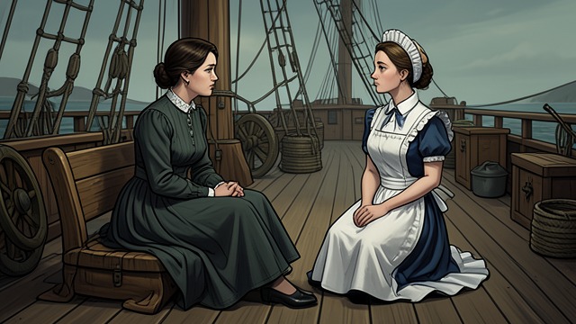 A Maid Out of Place from "Queen of Hearts". A Maid Out of Place A familiar complaint Queenie struggles with shipboard seasickness, unfamiliar formal routines, and sharing quarters with Claire’s maid.
