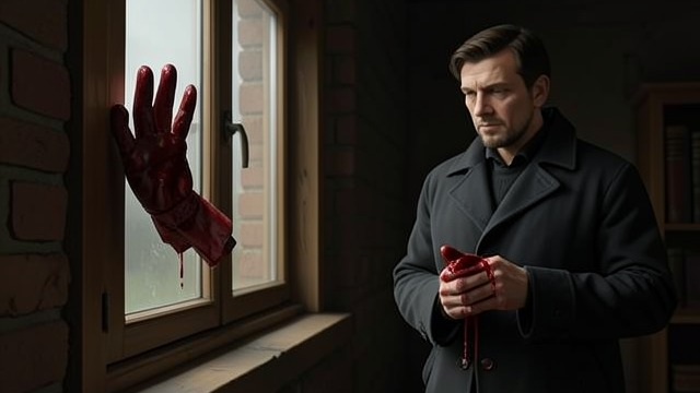 The Gloved Print from "Queen of Hearts". The Gloved Print A bloody impression A print appears on the library window frame, initially seeming to show that the murderer escaped through the window.