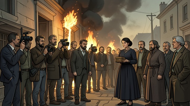 The Report After the Fire from "Queen of Hearts". The Report After the Fire Public tragedy Survivors are questioned after escaping the blaze, and reporters gather outside.