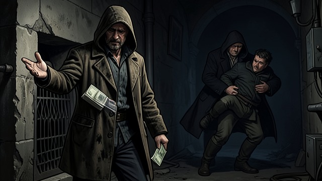 The Sewer Bargain from "Les Misérables". The Sewer Bargain A meeting in darkness Thénardier encounters Jean Valjean carrying the wounded Marius through the sewers.