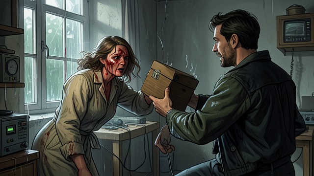 Escape with the Configuration from "The Hellbound Heart". A Tool Turned Against Him The Struggle Frank attacks Kirsty in the Damp room, but she tears at his damaged face and uses a household box to strike him.