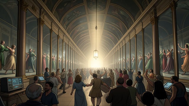 The Hall of Mirrors from "Aniara". The Hall of Mirrors Space enlarged artificially The Mimarobe fills a hall with mirrors to create the appearance of expanded space and dancing crowds.