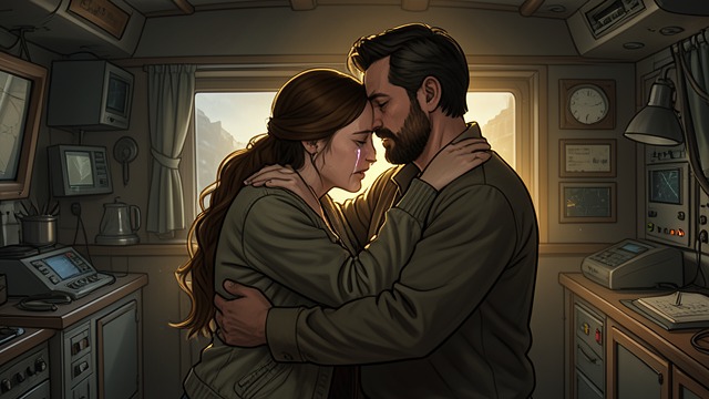 Tears and Warmth from "Aniara". Tears and Warmth Comfort in contact The Mimarobe embraces Isagel as she cries, sharing the warmth of the living in the ship’s darkness.