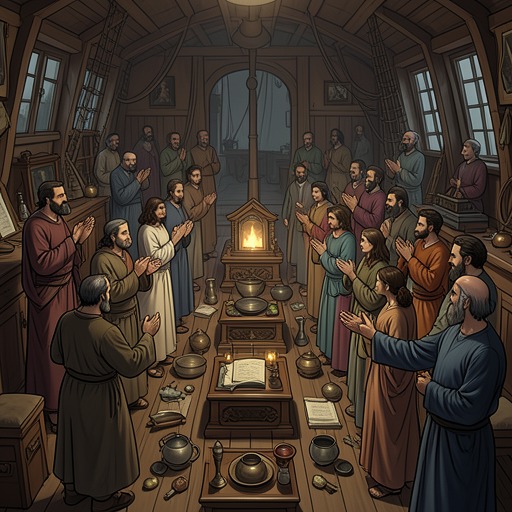 The Religious Life of the Ship from "Aniara". This flow traces the growth of shipboard ritual and competing forms of worship after the passengers lose their earthly social order.