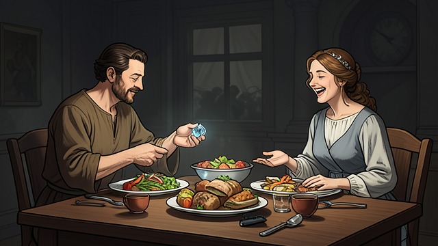 Public Provision from "Candide". Public Provision Hospitality without payment The travelers receive a lavish meal at a public house and try to pay with gems.