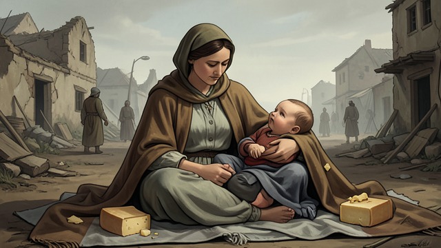 Cheese on the Prayer Shawl from "The Most Precious of Cargoes". Cheese on the Prayer Shawl Necessity becomes livelihood Poor Woodcutter’s Wife carries cheese made from the goat’s milk to a ruined village and lays it out on…