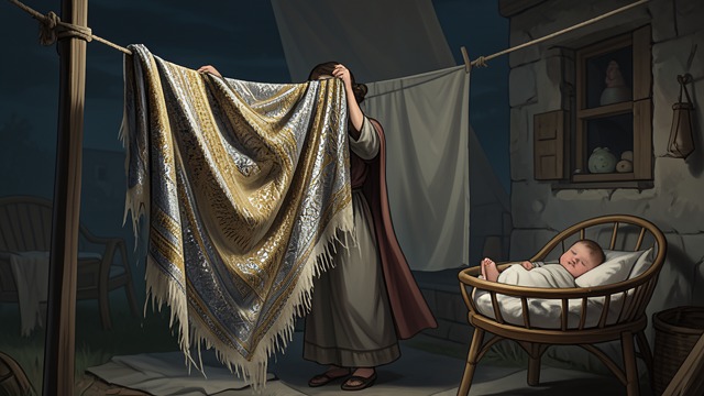 A Treasure in the Cabin from "The Most Precious of Cargoes". A Treasure in the Cabin Wonder at the fabric Poor Woodcutter’s Wife sees the gold and silver threads and believes the shawl must be a gift from the gods.