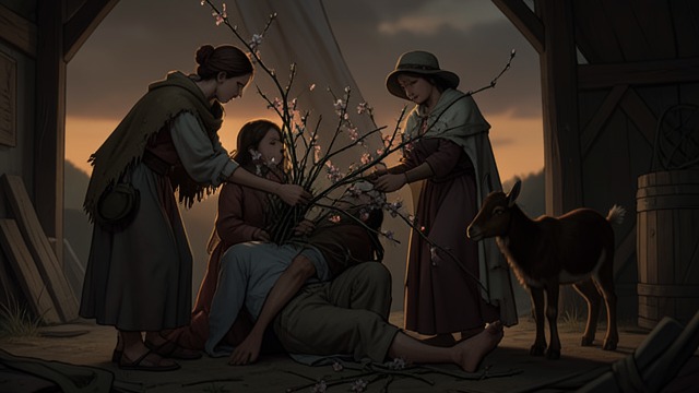 A Blessing After Death from "The Most Precious of Cargoes". A Blessing After Death Mourning the protector Poor Woodcutter’s Wife finds the dead man and covers him with blossoming branches.
