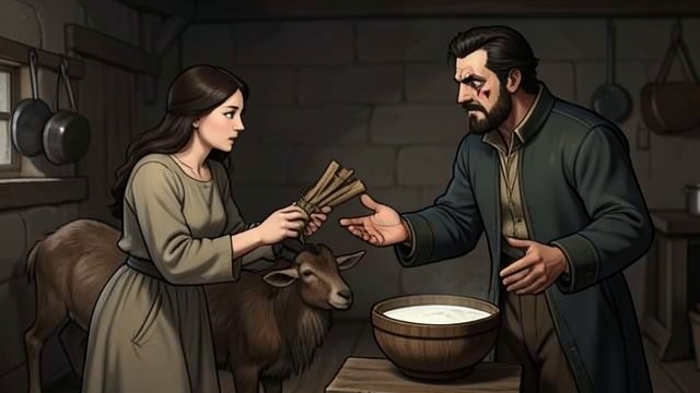 A Bargain for Nourishment from "The Most Precious of Cargoes". A Bargain for Nourishment Asking a feared stranger Poor Woodcutter’s Wife enters the Man with the Goat and Shattered Face’s secluded territory to ask for milk.