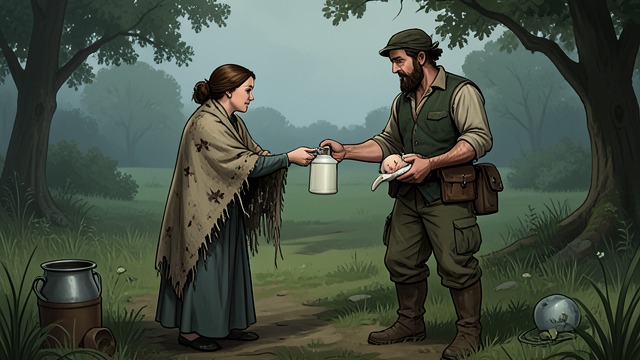 A Price for Milk from "The Most Precious of Cargoes". A Price for Milk Offering what can be spared Unable to offer money or food, Poor Woodcutter’s Wife presents the shawl to the Man with the Goat and Shattered…