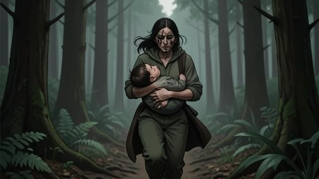 Shared Flight from "The Most Precious of Cargoes". Shared Flight A bond carried through danger Poor Woodcutter’s Wife runs through the forest with the girl wrapped against her chest.