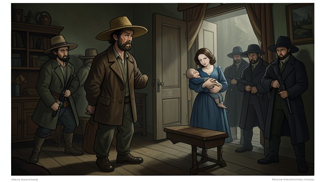The Men at the Door from "The Most Precious of Cargoes". The Men at the Door The secret is exposed Wood-Alcohol Distiller returns with armed men to collect the child.