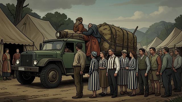 The Arrival at the Camp from "The Most Precious of Cargoes". The Arrival at the Camp A destination of death Convoy 49 reaches its destination in Poland.