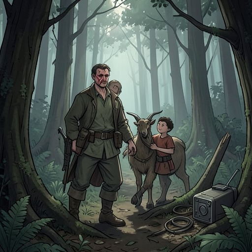 The Forest Protector’s Final Sanctuary from "The Most Precious of Cargoes". This flow follows the Man with the Goat and Shattered Face from feared recluse to practical helper, protector, and casualty of the advancing war.