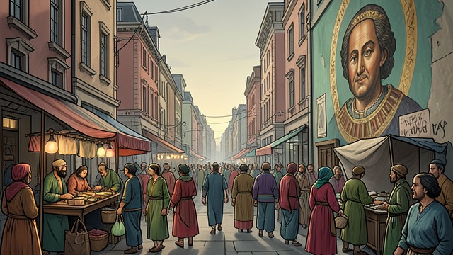 The City Takes Part from "Peacemaker". The City Takes Part Streets prepared for celebration The Festivity brings vendors, public transport, banners, and crowds into Shejidan.