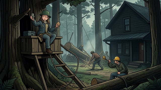 Land and Ownership from "Gente que viene y ¡Bah!". The forest is also property An inherited assumption Bea believes the chestnuts remain family land and reacts to logging as an attack on her treehouse.
