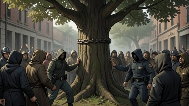 The Trees and the Public Image from "Gente que viene y ¡Bah!". A private dispute becomes political The family intervention Bea wrongly believes her family’s chestnuts are being felled without consent and leads a protest…