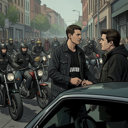 The Motorcycle Brotherhood from "Heart of the Hunter". This subplot follows how the public manhunt draws rival motorcyclists into a noisy, uneven effort to claim or assist the fugitive.