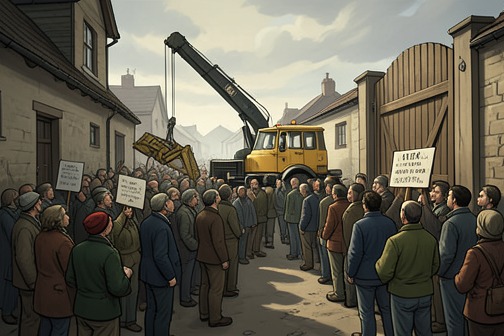 The Coopers Chase cemetery blockade from "The Thursday Murder Club". The Coopers Chase cemetery blockade is the residents’ improvised resistance to Ian Ventham’s attempt to begin excavation at the Garden of Eternal Rest.