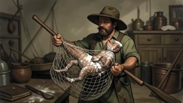 An Answering Rescue from "Pinocchio". Help Returned A Second Capture A fisherman catches Pinocchio in a net and prepares to fry him with the other fish.